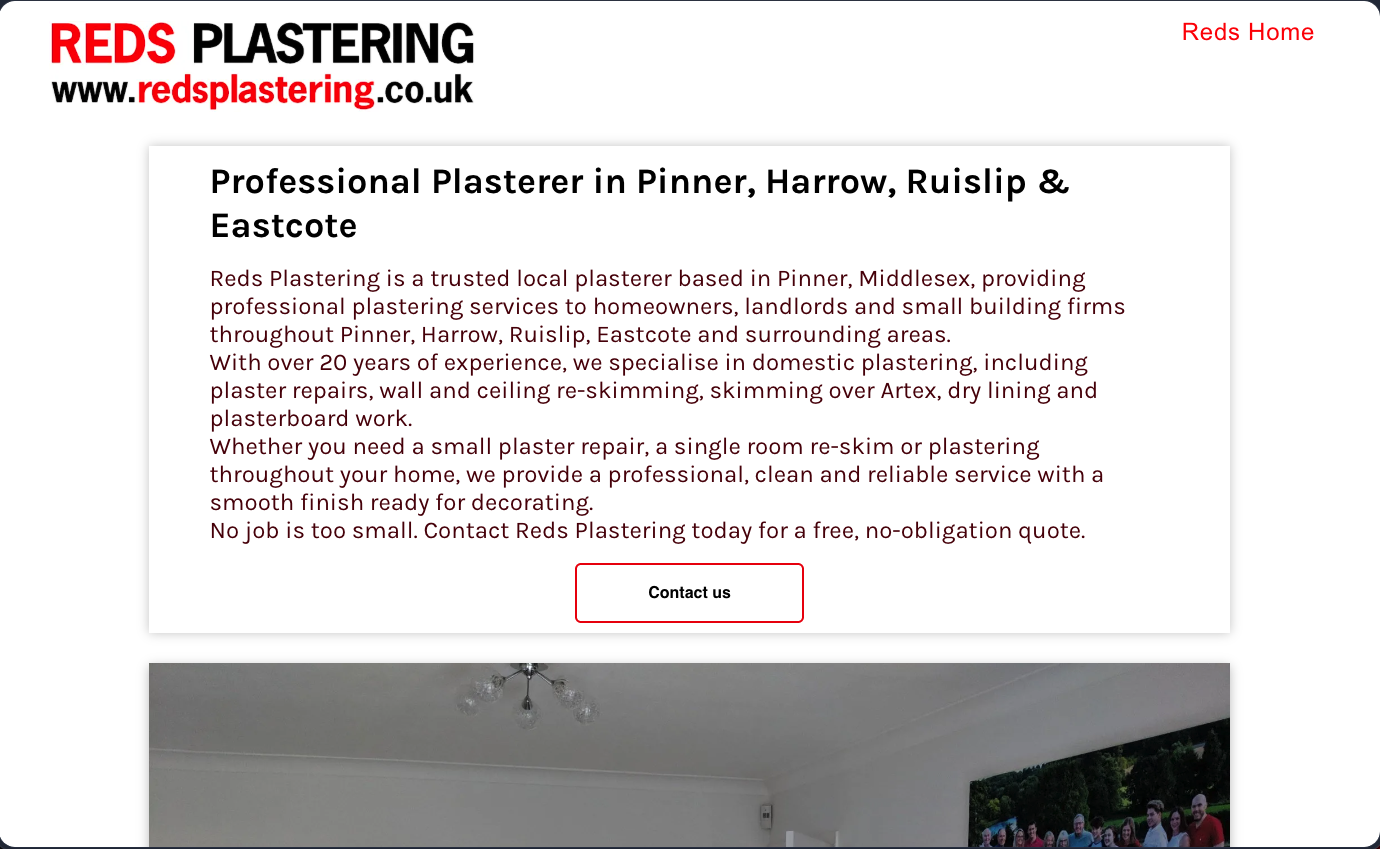Homepage screenshot for Reds Plastering